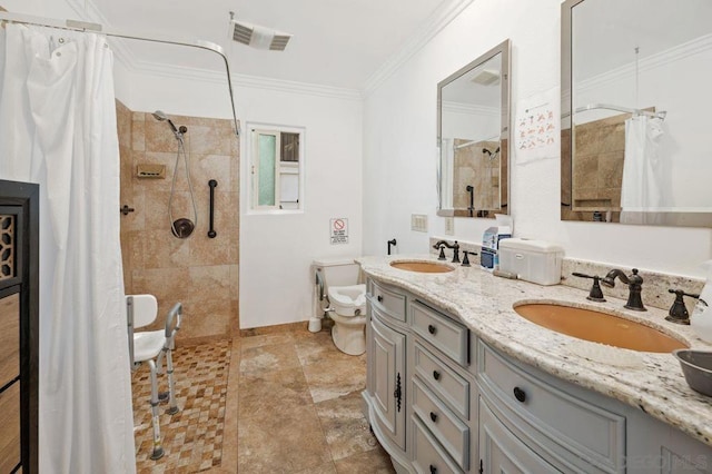 bathroom with vanity, crown molding, toilet, and a shower with shower curtain