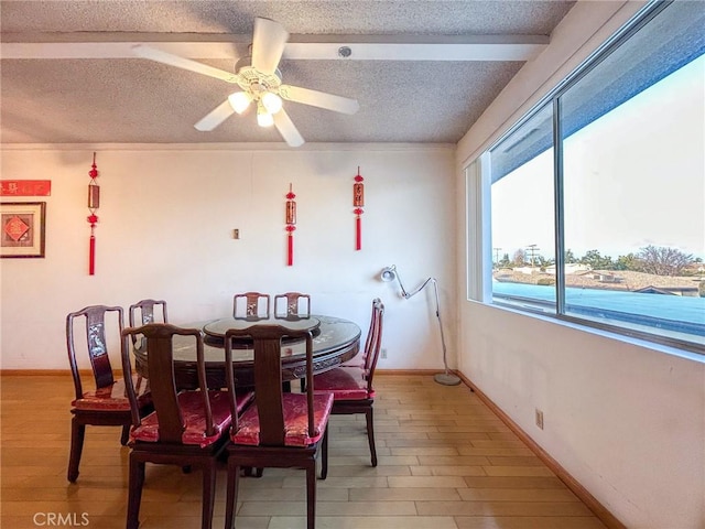 dining room featuring ceiling fan, light hardwood / wood-style flooring, and a textured ceiling