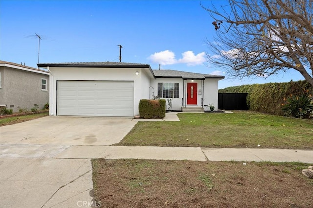 single story home featuring an attached garage, fence, driveway, stucco siding, and a front lawn