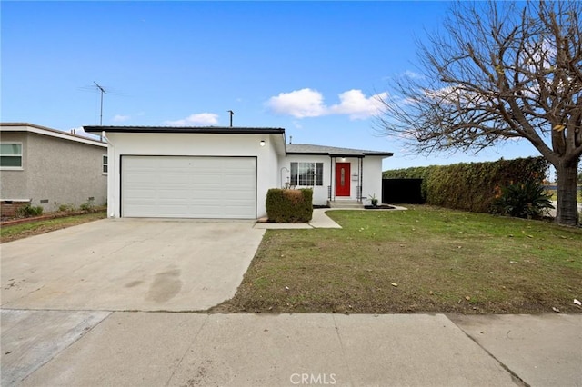 view of front of property with a garage, driveway, a front lawn, and stucco siding