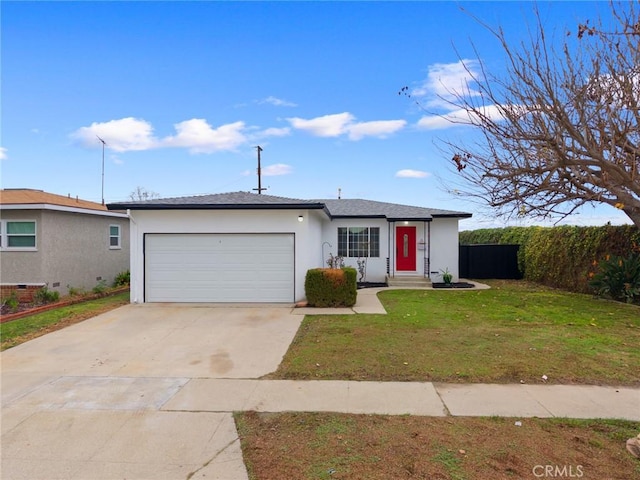 ranch-style home with a garage, concrete driveway, fence, a front yard, and stucco siding