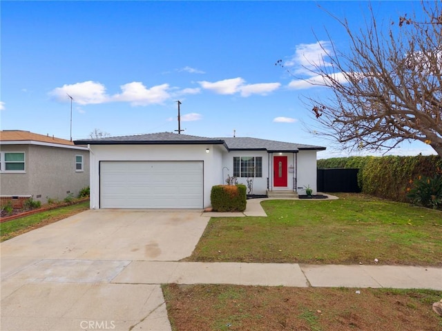 ranch-style home with stucco siding, a front lawn, driveway, fence, and an attached garage