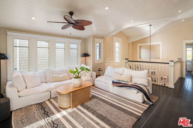 living room featuring vaulted ceiling, dark hardwood / wood-style floors, ceiling fan, and wood ceiling