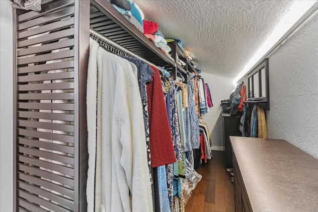 spacious closet featuring dark hardwood / wood-style flooring