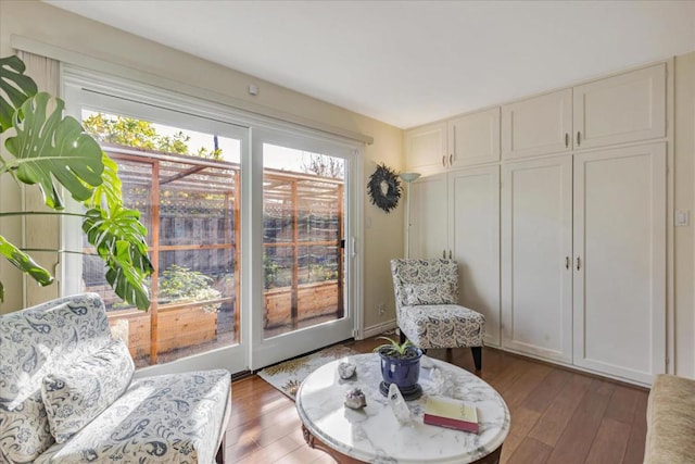 sitting room with plenty of natural light and dark hardwood / wood-style floors