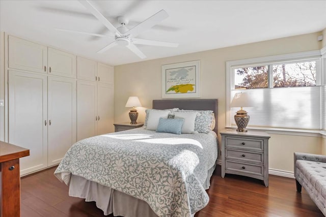 bedroom with dark hardwood / wood-style flooring, a closet, and ceiling fan