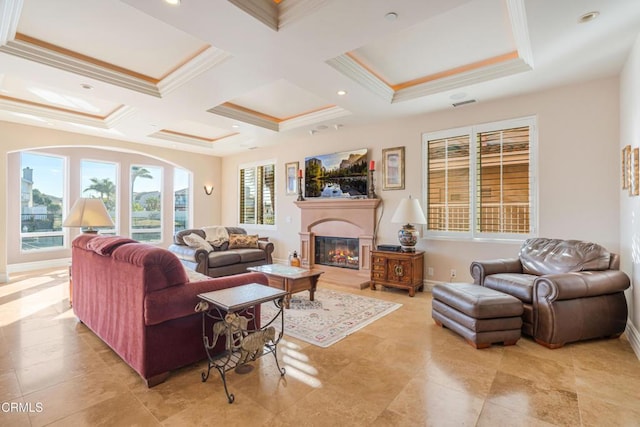 living room featuring beamed ceiling, ornamental molding, and coffered ceiling