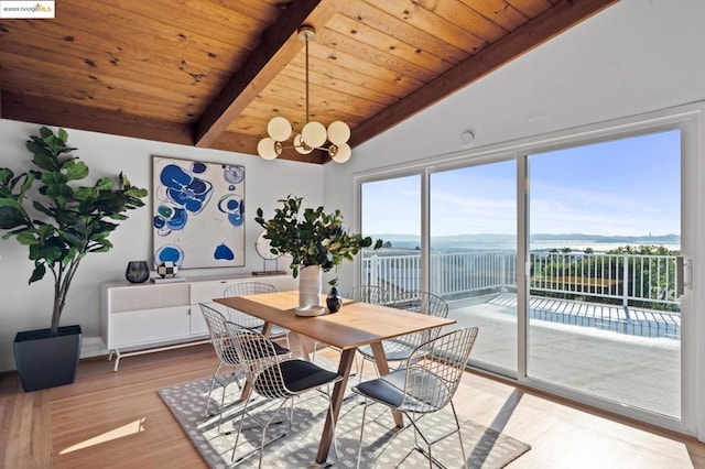 dining room with a chandelier, lofted ceiling with beams, light hardwood / wood-style flooring, and a wealth of natural light