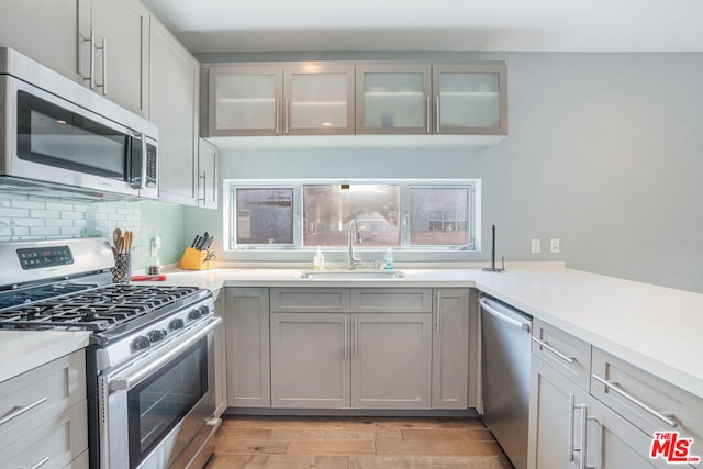 kitchen featuring appliances with stainless steel finishes, sink, gray cabinetry, backsplash, and light hardwood / wood-style floors