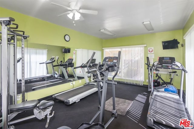 gym with a healthy amount of sunlight and ceiling fan