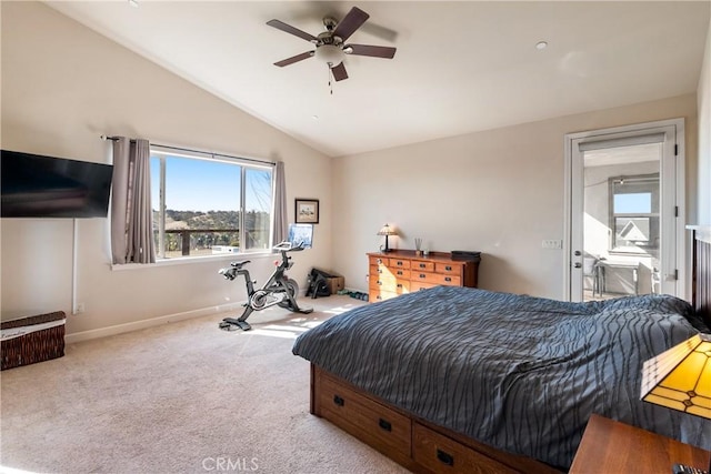 bedroom with light carpet, vaulted ceiling, and ceiling fan