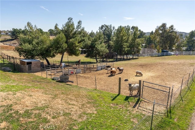 view of yard featuring an outdoor structure and a rural view