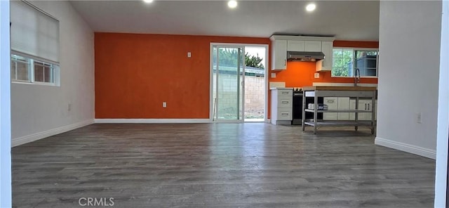 unfurnished living room featuring dark hardwood / wood-style flooring and sink