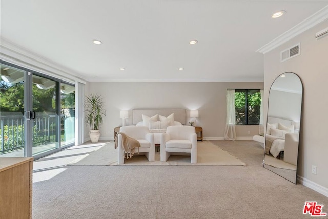 bedroom with multiple windows, light colored carpet, access to outside, and ornamental molding