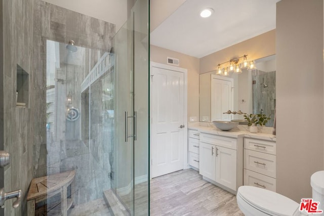 bathroom featuring vanity, toilet, an enclosed shower, and wood-type flooring