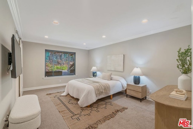 carpeted bedroom with crown molding