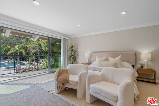 bedroom featuring light carpet, access to outside, and ornamental molding