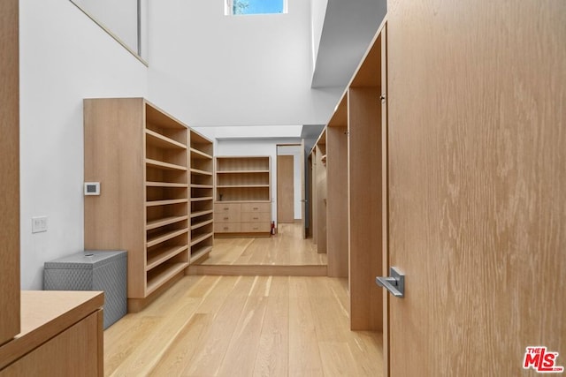 spacious closet featuring a high ceiling and light wood-type flooring