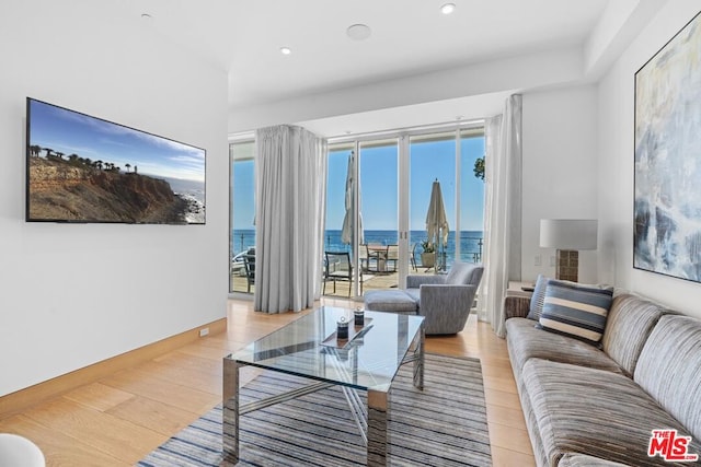 living room featuring a water view and light hardwood / wood-style flooring