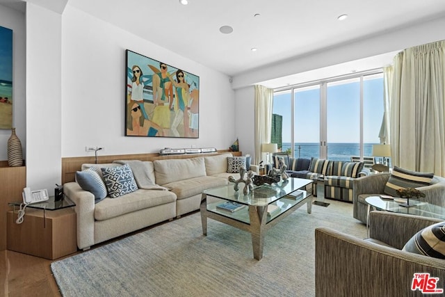 living room with a water view and light hardwood / wood-style flooring