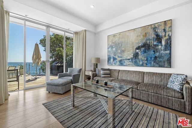 living room featuring a water view and hardwood / wood-style floors