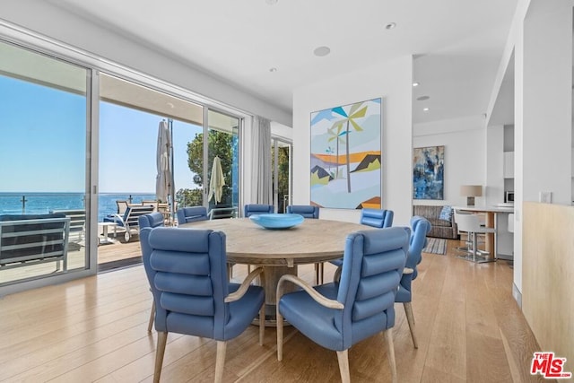 dining room with a water view and light hardwood / wood-style floors