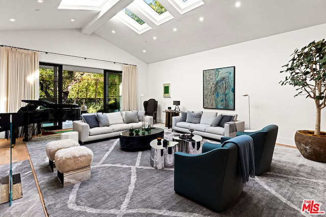 living room featuring beamed ceiling, high vaulted ceiling, dark hardwood / wood-style flooring, and a skylight