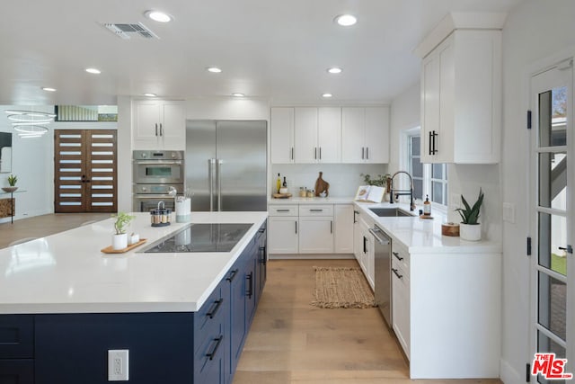 kitchen featuring blue cabinets, sink, white cabinets, and appliances with stainless steel finishes