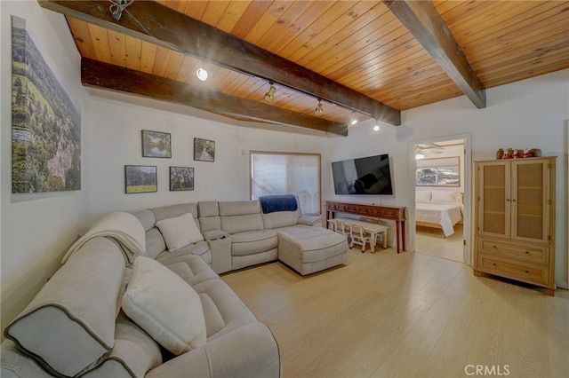 living room with wood ceiling, beam ceiling, and light hardwood / wood-style floors