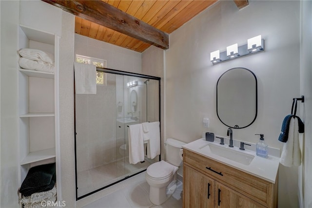 bathroom with beam ceiling, vanity, wooden ceiling, toilet, and walk in shower