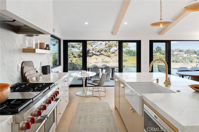 kitchen with sink, custom exhaust hood, decorative light fixtures, dishwasher, and high end stainless steel range oven