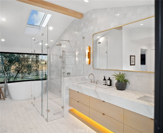 bathroom featuring tile walls, lofted ceiling with skylight, vanity, decorative backsplash, and shower with separate bathtub