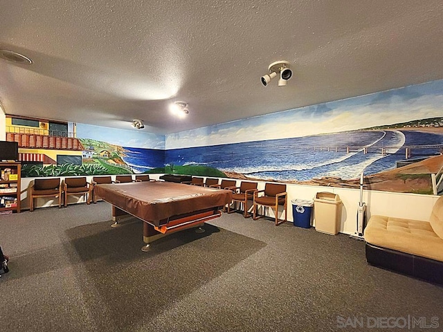 playroom with carpet floors, billiards, and a textured ceiling