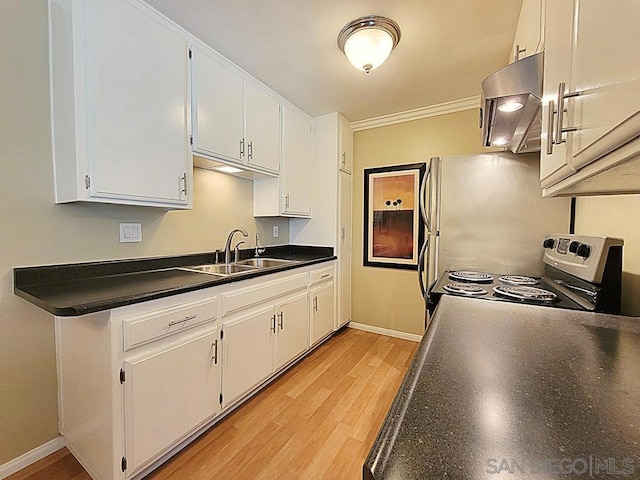 kitchen with extractor fan, sink, white cabinets, stainless steel range with electric stovetop, and light hardwood / wood-style floors