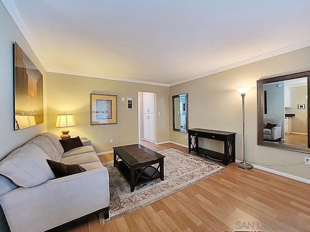 living room with hardwood / wood-style flooring and ornamental molding