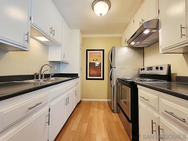 kitchen with white cabinetry, sink, stainless steel electric range, and light hardwood / wood-style flooring