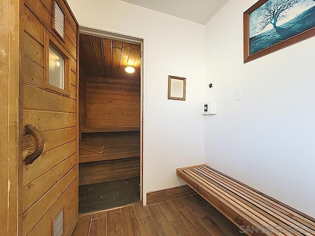 view of sauna / steam room with hardwood / wood-style floors