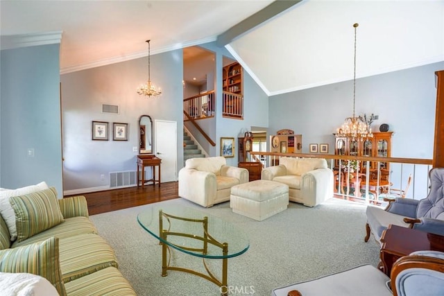 living room with beam ceiling, a notable chandelier, crown molding, and high vaulted ceiling