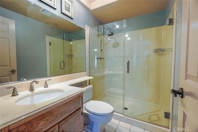 bathroom with tile patterned flooring, vanity, an enclosed shower, and toilet