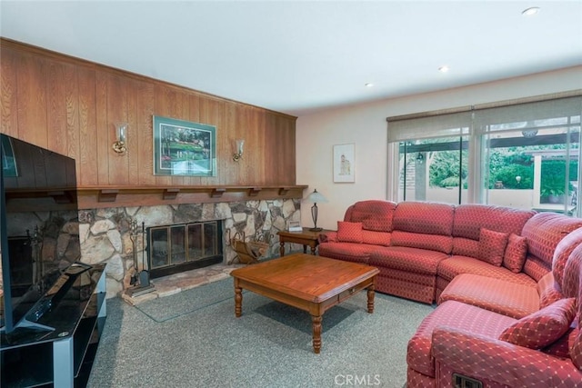 living room with a fireplace