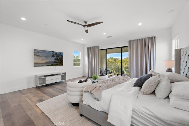 bedroom with access to exterior, recessed lighting, a ceiling fan, wood finished floors, and baseboards