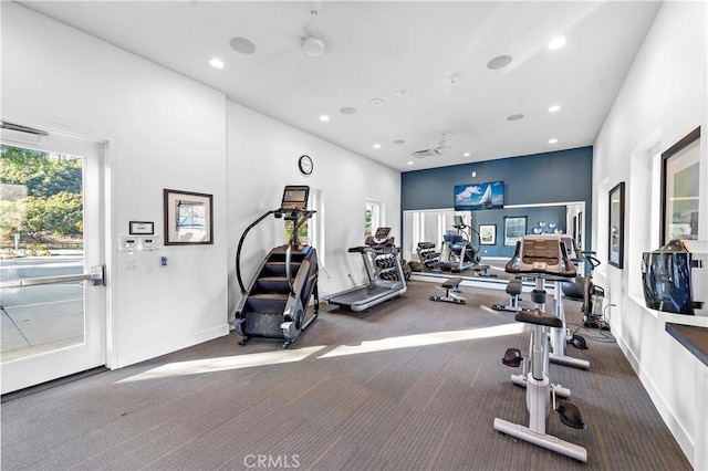 gym with carpet, visible vents, baseboards, and recessed lighting