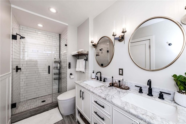 bathroom with vanity, walk in shower, and toilet