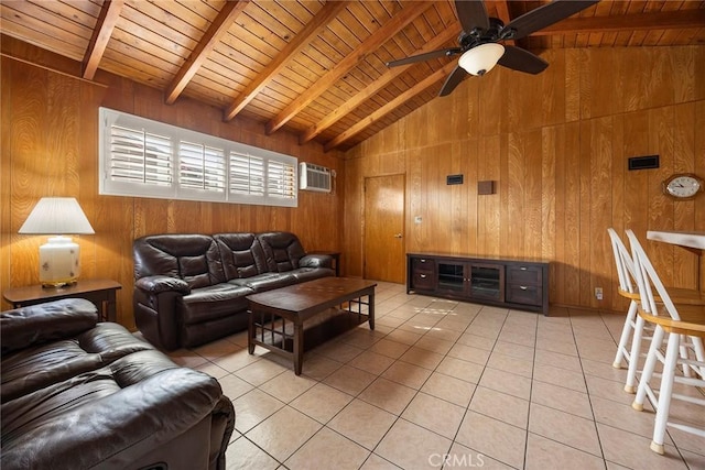 living room featuring light tile patterned floors, wooden walls, and wooden ceiling