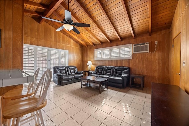 tiled living room with beamed ceiling, a healthy amount of sunlight, wooden walls, and a wall mounted AC