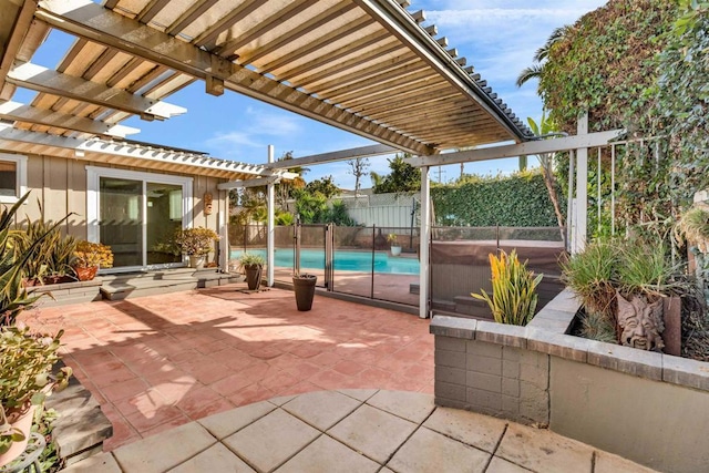 view of patio / terrace featuring a fenced in pool and a pergola