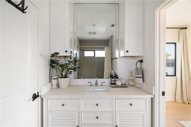 bathroom featuring hardwood / wood-style flooring and vanity