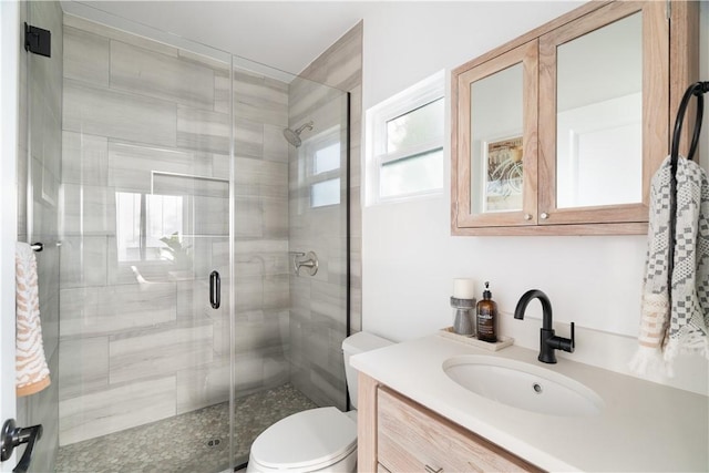 bathroom with vanity, walk in shower, and toilet