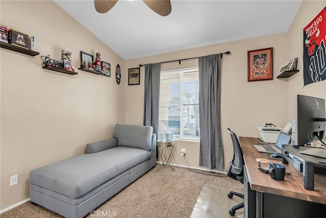 carpeted home office with ceiling fan