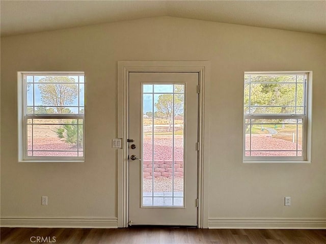 entryway featuring hardwood / wood-style floors and vaulted ceiling